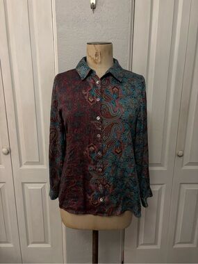 Soft Surroundings Paisley Mixed Print 100% Silk Buttondown Size Medium Petite